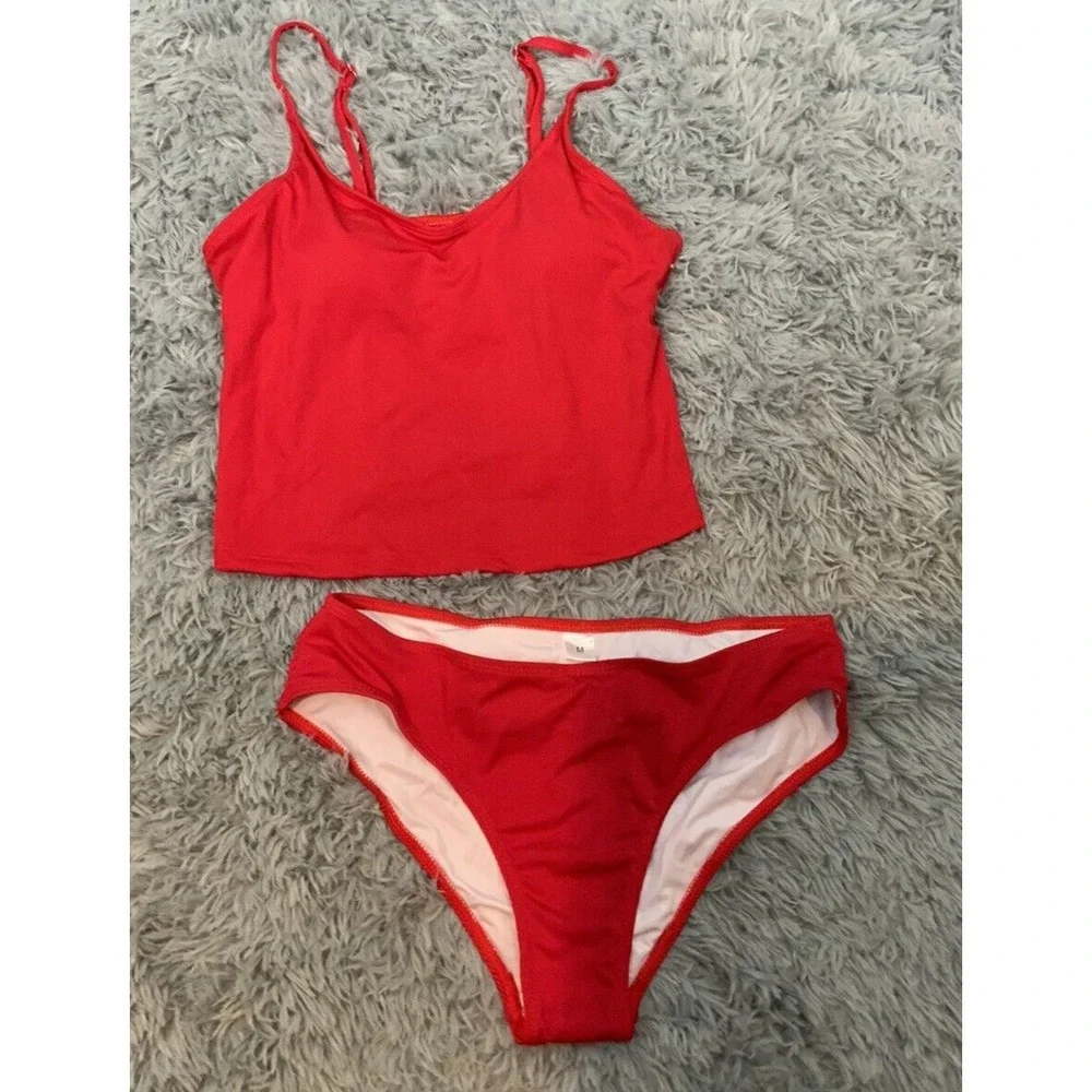 Upopby Women's Red Athletic Tankini 2‎ Pc Swimsuit Ribbed Padded Size M